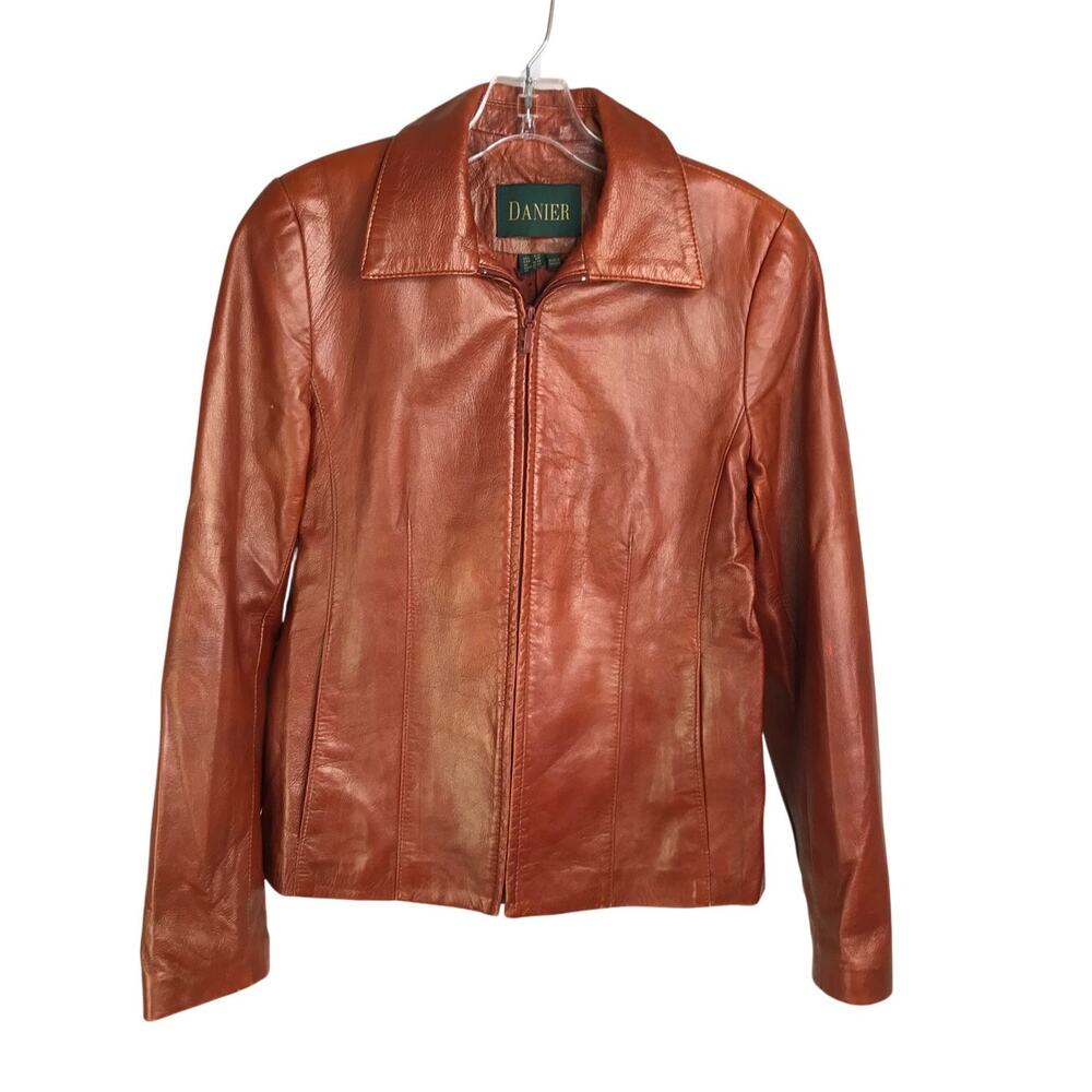 Danier Leather Jacket Womens Size 8-10‎ Caramel Brown Zip Front Satin Lined
